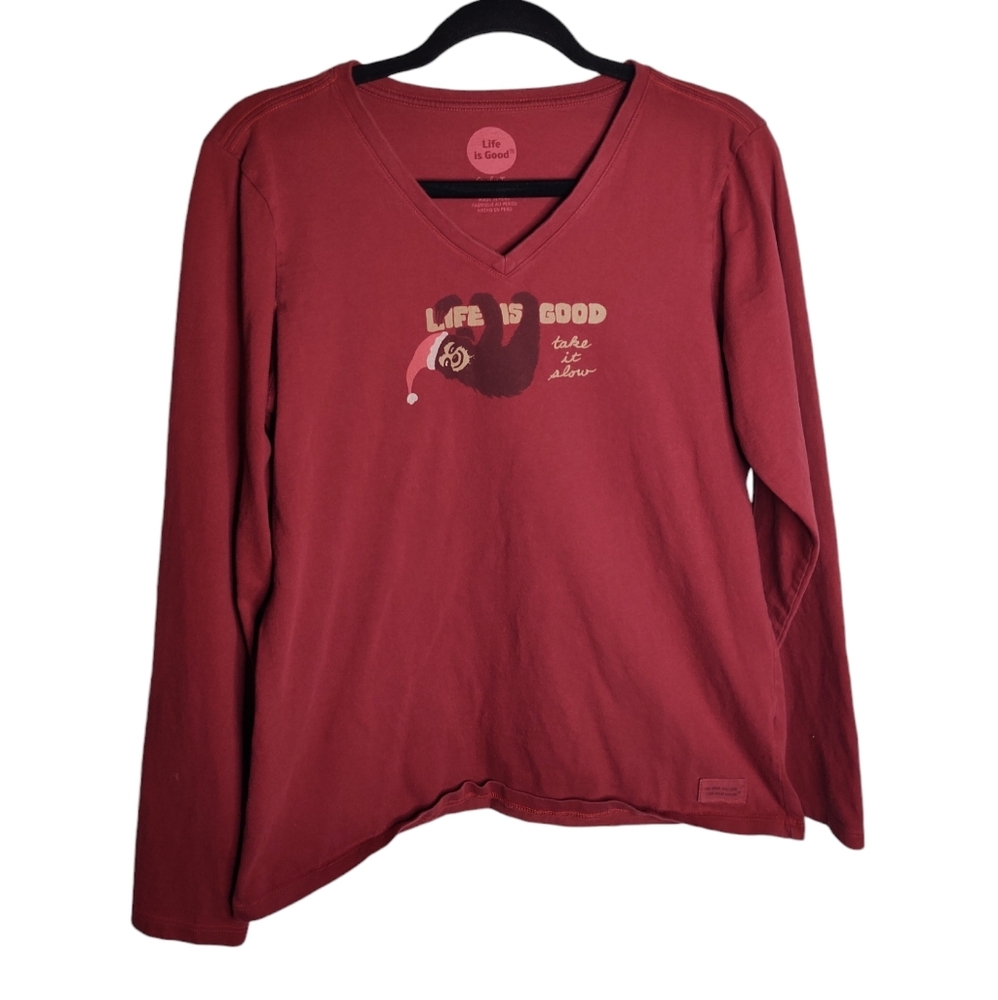 Life is Good Holiday Sloth take it slow V Neck Long sleeve cotton t shirt M